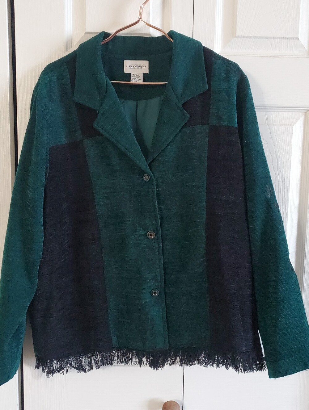 GRAFF WEAR VINTAGE XL JACKET . BLAZER DARK TEAL GREEN BLACK FRINGE. FLORAL